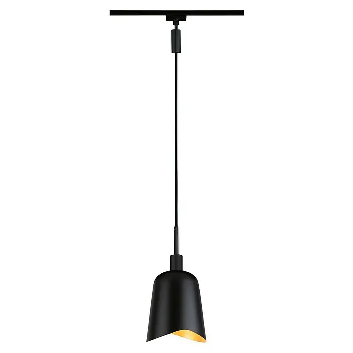 Paulmann URail Lampenschirm Alvaro - E14, Ø x H: 14,4 x 17 cm, Schwarz - Diese Aufnahme zeigt eine schwarze Pendelleuchte mit einem goldenen Farbton im Inneren, die an einer schwarzen Stange aufgehängt ist.