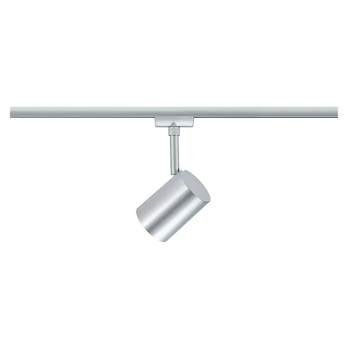 Paulmann URail LED-Spot Luxe - 10 W, Chrom matt, 6,5 x 9 x 16,3 cm - Nahaufnahme einer silbernen Schienenleuchte mit zylindrischem Kopf, die von einer Metallschiene an der Decke hängt. Die Leuchte ist schwenkbar.