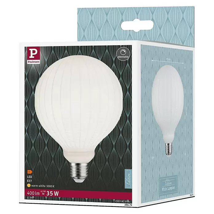 Paulmann LED-Lampe White Lampion Filament gestreift - E27, Dimmbar, Warmweiß, 400 lm, 4 W - Dimmbare Paulmann E27 LED-Lampe, weißes Lampion-Design, 3000K warmweiß, in Verpackung.