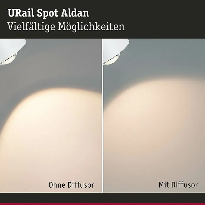 Paulmann URail LED-Spot Aldan - Signalweiß, Kaltweiß, Ø x H: 9,9 x 17,9 cm - URAIL Spot Aldan Lichteffekte. Vergleich der Lichtverteilung mit und ohne Diffusor zur Optimierung der Beleuchtung.