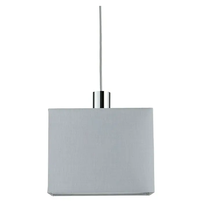 Paulmann URail Lampenschirm Verona - L x B x H: 13 x 25 x 20 cm, E27, Grau - Diese Aufnahme zeigt eine rechteckige Pendelleuchte mit einem grauen Lampenschirm und einer glänzenden, silberfarbenen Aufhängung.