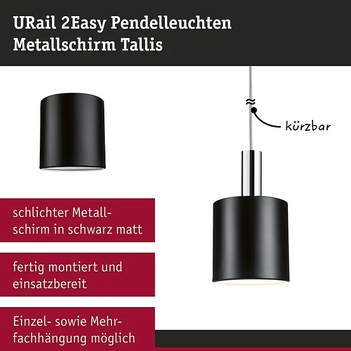 Paulmann URail Lampenschirm Tallis - E27, Ø x H: 16 x 17 cm, Schwarz matt - URail 2Easy Pendelleuchte Tallis mit schwarzem Metallschirm. Die Lampe ist höhenverstellbar, montiert und einsatzbereit.