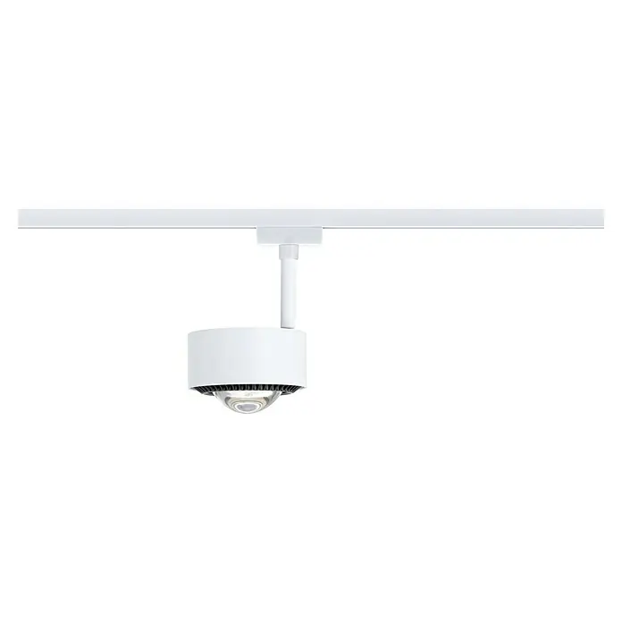 Paulmann URail LED-Spot Aldan - Signalweiß, Warmweiß, Ø x H: 9,8 x 17 cm - Nahaufnahme einer weißen, runden LED-Deckenleuchte mit Track-Montage, die modernes Design und effiziente Beleuchtungslösung vereint.