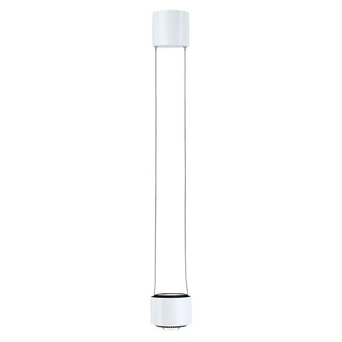 Paulmann URail LED-Pendelleuchte Aldan - Signalweiß, Höhe: 150 cm, Dimmbar - Elegante Hängeleuchte mit zylindrischen Elementen in Weiß, verbunden durch schlanke, silberne Streben, die ein modernes und minimalistisches Design ausstrahlen.