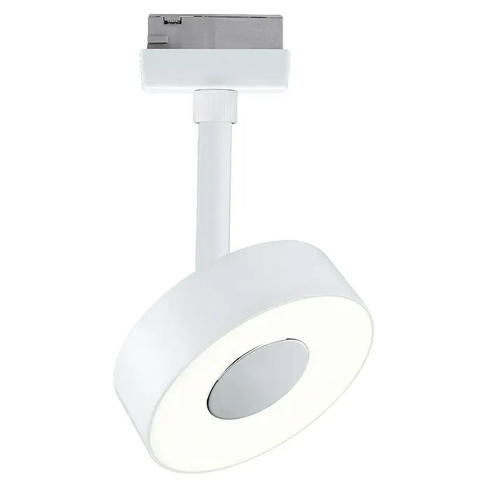 Paulmann URail LED-Spot Circle - Signalweiß, 5 x 9,8 x 15,4 cm, Warmweiß - Aufnahme einer weißen Ringförmigen LED-Deckenleuchte mit silberner Akzentuierung vor einem eleganten schwarzen Hintergrund.