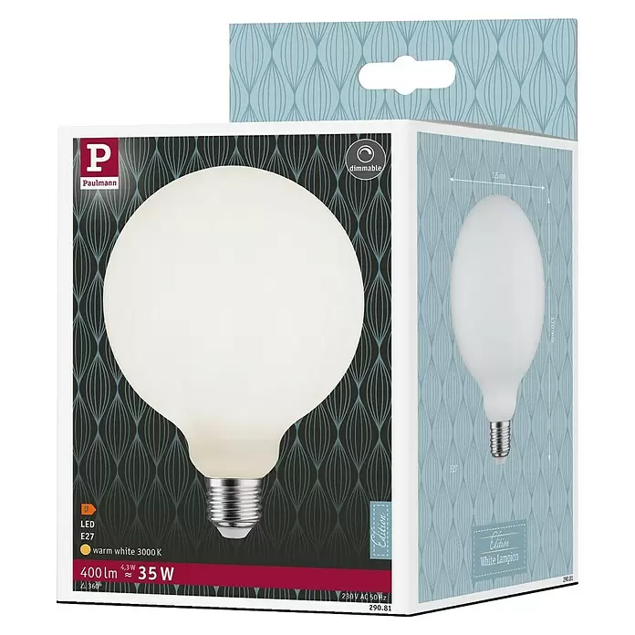 Paulmann LED-Lampe White Lampion Filament glatt - E27, Dimmbar, Warmweiß, 400 lm, 4 W - Paulmann dimmbare, mattweiße E27 LED Globe-Lampe (4,3W, 400lm, 3000K warmweiß) in Verpackung.