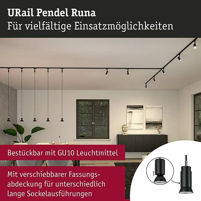 Paulmann URail Pendelleuchte Runa - Ø x H: 3,5 x 118 cm, Schwarz matt - URail Pendelleuchte Runa. Das vielseitige Beleuchtungssystem bietet flexible Einsatzmöglichkeiten und ist mit GU10 Leuchtmitteln bestückbar. Die Fassungsabdeckung ist verschiebbar.
