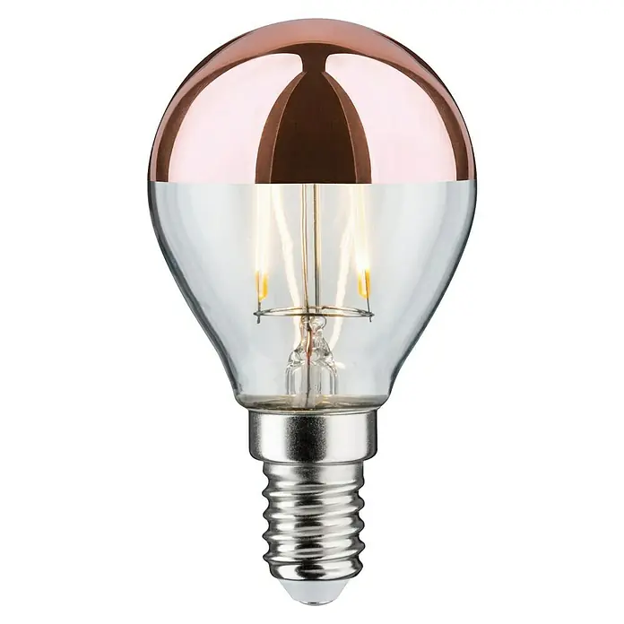 Paulmann LED-Lampe Modern Classic Edition - Nicht Dimmbar, Warmweiß, 220 lm, Kupfer Kopf - Nahaufnahme einer dekorativen LED-Lampe mit einer verspiegelten Kupferoberseite und einem klaren Glaskörper, der die glühenden Glühfäden zeigt.