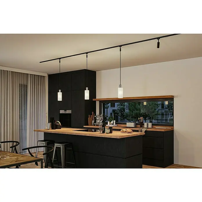 Paulmann URail Lampenschirm Raja - Ø x H: 10 x 21 cm, Opal, E27, Glas - Ein modernes Küchendesign mit stilvoller Trackbeleuchtung, die für eine angenehme Atmosphäre sorgt und die Arbeitsbereiche optimal ausleuchtet.