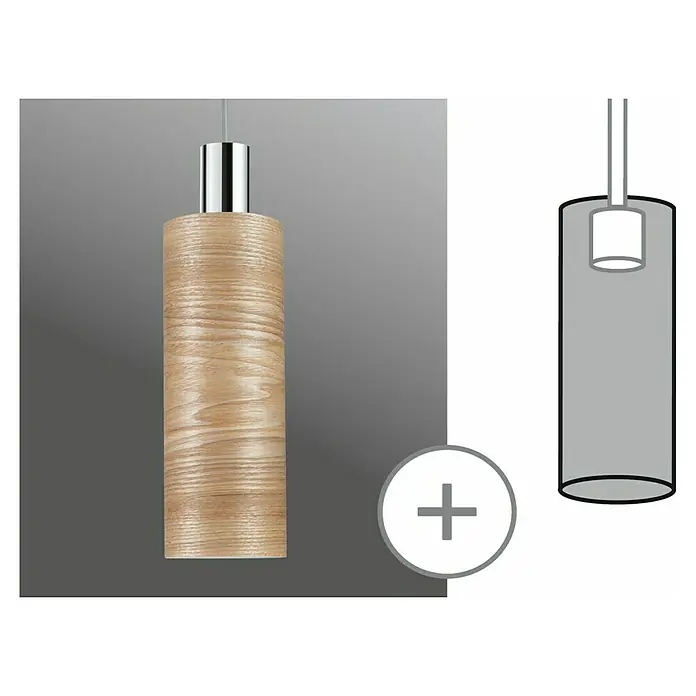 Paulmann URail Lampenschirm Vitus - E27, Light Oak, Ø x H: 11 x 30 cm - Eine moderne Pendelleuchte mit einem zylindrischen Lampenschirm in Holzoptik und einem glänzenden, silberfarbenen Aufhänger.
