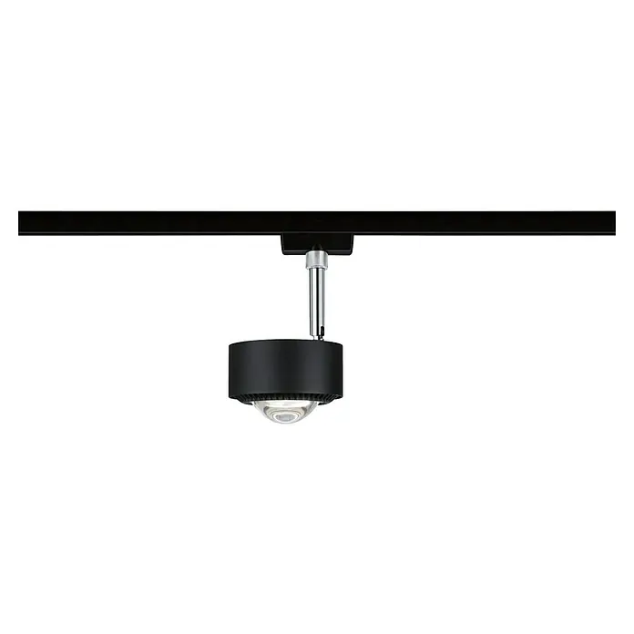 Paulmann URail LED-Spot Aldan - Schwarz matt, Kaltweiß, Ø x H: 9,9 x 17,9 cm - Nahaufnahme einer schwarzen LED-Strahlerleuchte mit einer Glaskuppel, die an einer schwarzen Schiene befestigt ist.