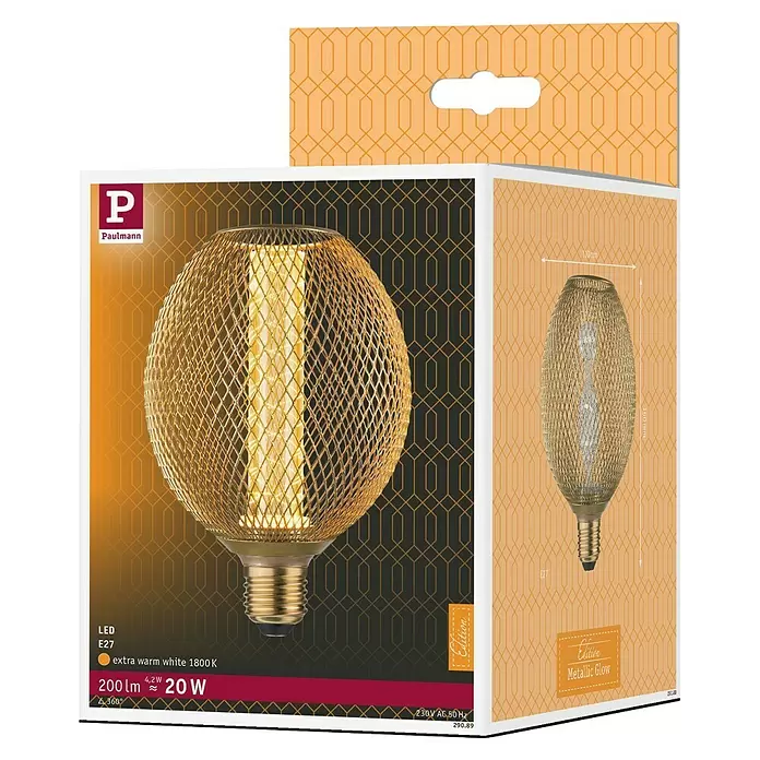 Paulmann LED-Lampe Metallic Glow Spiral - E27, Dimmbarkeit: Nicht Dimmbar, Warmweiß, 200 lm, 4,2 W, Messing - Paulmann LED-Lampe mit goldenem Metallgeflecht-Design und E27-Sockel.