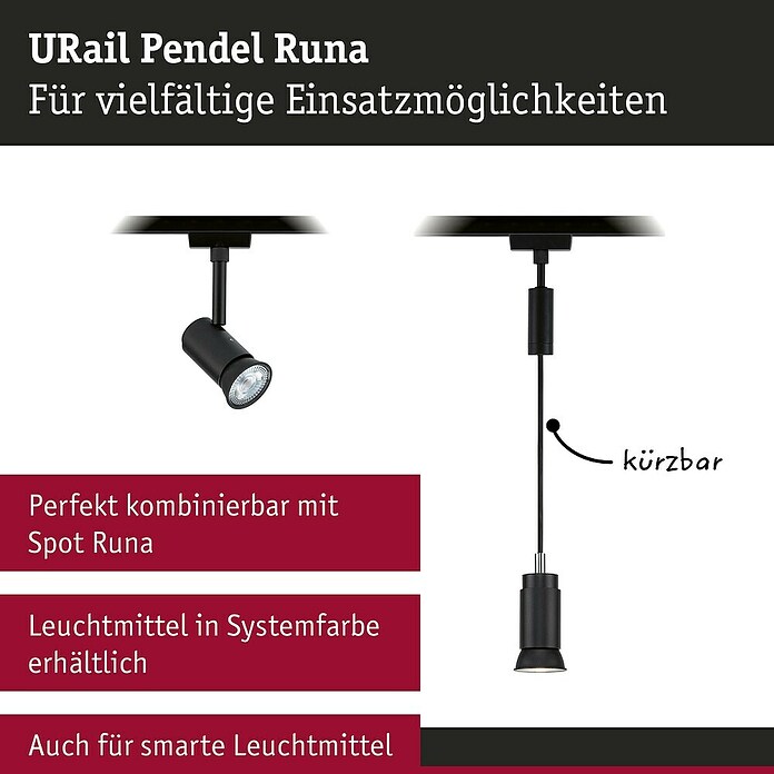 Paulmann URail Pendelleuchte Runa (Ø x H: 3,5 x 118 cm, Schwarz matt) | BAUHAUS