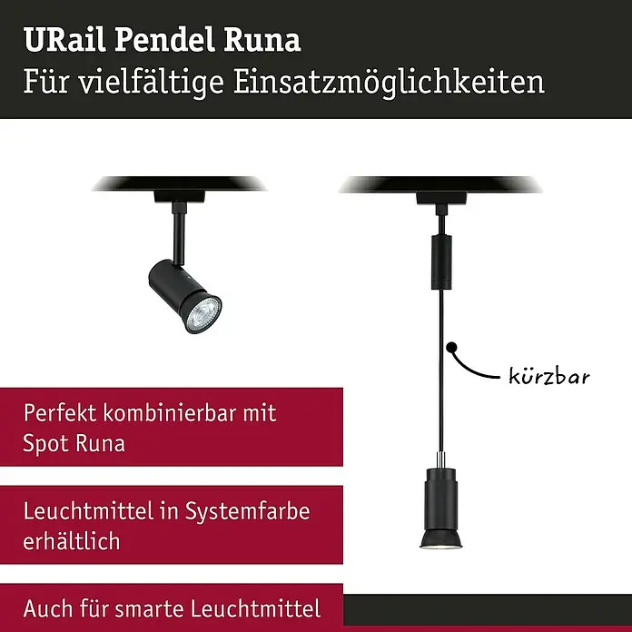 Paulmann URail Pendelleuchte Runa - Ø x H: 3,5 x 118 cm, Schwarz matt - Produktbild einer URail Pendelleuchte Runa, vielseitig einsetzbar, perfekt kombinierbar mit Spot Runa, Leuchtmittel in Systemfarbe erhältlich.