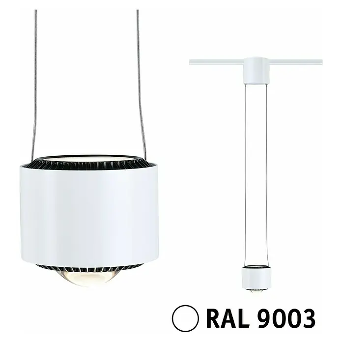 Paulmann URail LED-Pendelleuchte Aldan - Signalweiß, Höhe: 150 cm, Dimmbar - Abbildung einer weißen Pendelleuchte RAL 9003 mit zylindrischem Lampenschirm und feinen Aufhängungskabeln.