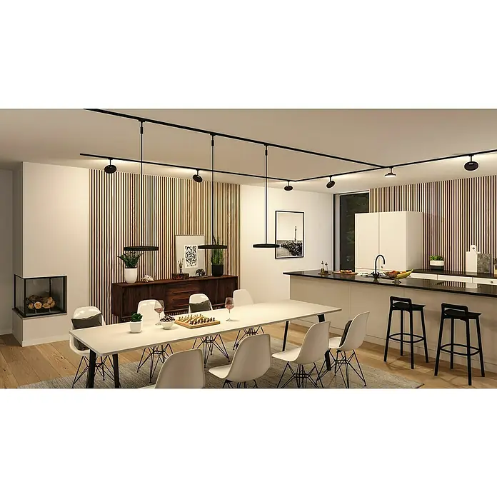 Paulmann URail Stromtrenner - 7 cm, 1.000 W, Schwarz matt, 230 V, Kunststoff - Moderner Speisesaal mit Esstisch, Stühlen, Anrichte und eleganten Deckenleuchten mit Schienensystem für eine angenehme Beleuchtung.
