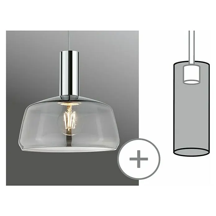 Paulmann URail Lampenschirm Neila - E27, Ø x H: 23 x 12,4 cm, Rauchglas - Diese Abbildung zeigt eine stilvolle Pendelleuchte mit einem transparenten Schirm und Chromdetails, ideal für moderne Innenräume.