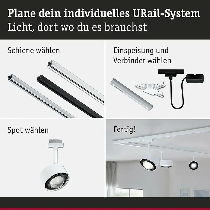 Paulmann URail LED-Spot Aldan - Signalweiß, Warmweiß, Ø x H: 9,8 x 17 cm - URail-System: Wählen Sie Schienen, Einspeisung, Verbinder und Spots für Ihr individuelles Lichtdesign. Fertig montiertes System dargestellt.