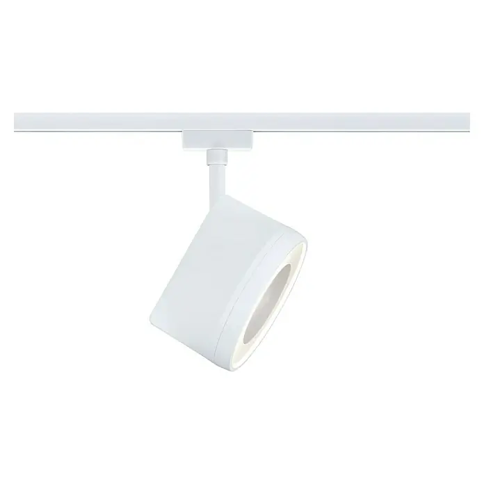 Paulmann URail LED-Spot Arena - Signalweiß, 7,8 x 12,3 x 19,1 cm, Warmweiß - Nahaufnahme einer weißen LED-Schienenleuchte, die ein helles, gerichtetes Licht abgibt und sich ideal für moderne Innenräume eignet.