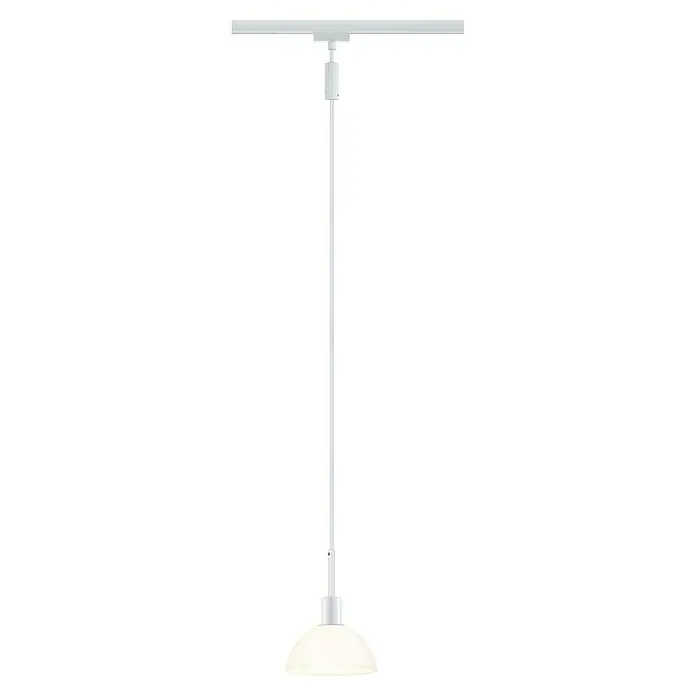 Paulmann URail Pendelleuchte Sarrasani - E14, Signalweiß - Weiße Hängelampe mit Stange und halbkugelförmigem Lampenschirm, die von einer Schiene an der Decke hängt und modernes Design bietet.