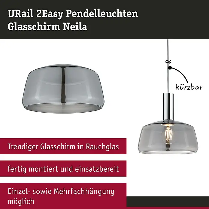 Paulmann URail Lampenschirm Neila - E27, Ø x H: 23 x 12,4 cm, Rauchglas - Urail 2Easy Pendelleuchten mit Glasschirm Neila. Die Lampe hat ein trendiges Design und ist in Rauchglas gefertigt. Einzel- und Mehrfachhängung möglich.
