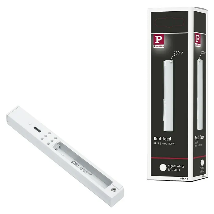 Paulmann URail End-Einspeisung - 16,1 cm, 1.000 W, Signalweiß - Produktabbildung eines Paulmann URail Endfeed in Signalweiß, inkl. Verpackung. Ideal für Beleuchtungssysteme.