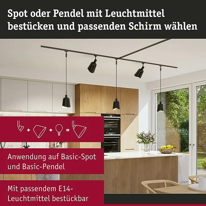 Paulmann URail Lampenschirm Alvaro - E14, Ø x H: 14,4 x 17 cm, Schwarz - Eine moderne Küchendeckenleuchte mit Spots und Pendelleuchten, die mit Leuchtmitteln bestückt und mit passenden Schirmen ausgestattet werden können.