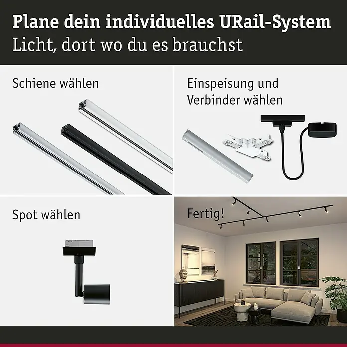 Paulmann URail LED-Spot Salt - 10 W, Schwarz matt, 3,5 x 4,5 x 11,3 cm - Übersicht der Bestandteile eines URail-Systems: Schienen, Einspeisung, Verbinder und Spots zur individuellen Lichtgestaltung.