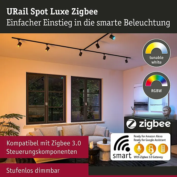 Paulmann URail LED-Spot Luxe - 10 W, Schwarz matt, 6,5 x 9 x 16,3 cm, RGBW - Das Bild zeigt das URail Spot Luxe Zigbee Schienensystem. Es ist dimmbar und kompatibel mit Zigbee 3.0 Steuerungskomponenten.