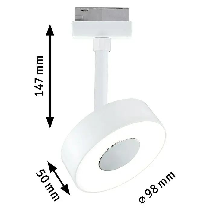 Paulmann URail LED-Spot Circle - Signalweiß, 5 x 9,8 x 15,4 cm, Neutralweiß - Abbildung einer modernen weißen Deckenleuchte mit den Maßen 147 mm Höhe, 50 mm Tiefe und 98 mm Durchmesser. Elegantes Design für stilvolle Beleuchtung.