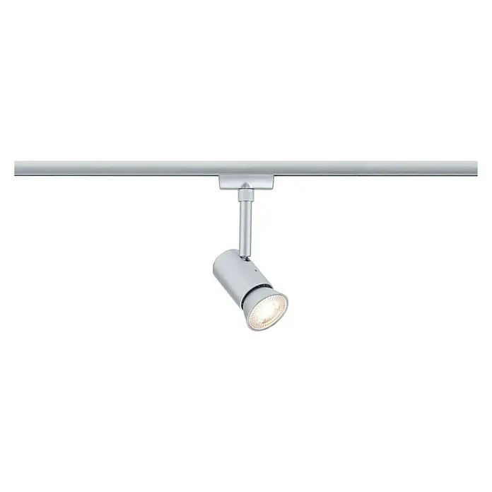Paulmann URail LED-Spot Runa - 10 W, Chrom matt, 3,5 x 6 x 13,3 cm - Nahaufnahme einer verstellbaren, silbernen Schienenleuchte mit warmem Lichtschein, ideal für moderne Innenräume.