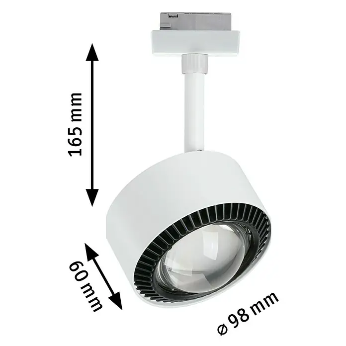 Paulmann URail LED-Spot Aldan - Signalweiß, Kaltweiß, Ø x H: 9,9 x 17,9 cm - Detailaufnahme einer weißen Strahlerlampe mit Maßangaben für Höhe, Durchmesser und Tiefe zur Produktinformation.