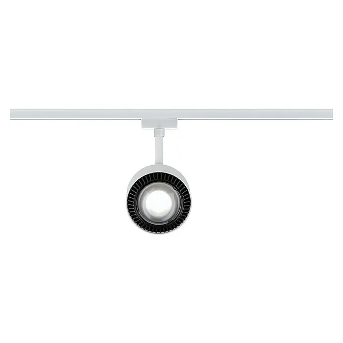 Paulmann URail LED-Spot Aldan - Signalweiß, Kaltweiß, Ø x H: 9,9 x 17,9 cm - Nahaufnahme einer weißen, runden LED-Schienenleuchte, die von der Decke hängt und einen hellen Lichtkegel erzeugt.