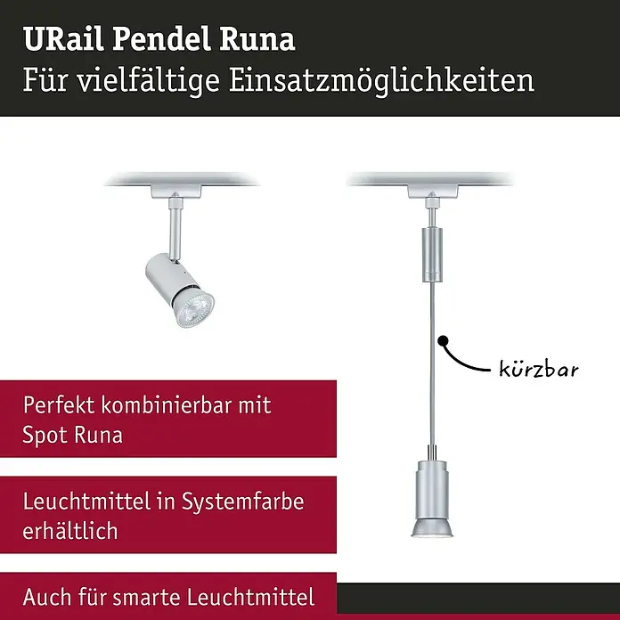 Paulmann URail Pendelleuchte Runa - Ø x H: 3,5 x 118 cm, Chrom matt - Abbildung der URail Pendel Runa Leuchte. Sie ist flexibel einsetzbar und mit anderen Spots kombinierbar. Die Länge ist bei Bedarf kürzbar.