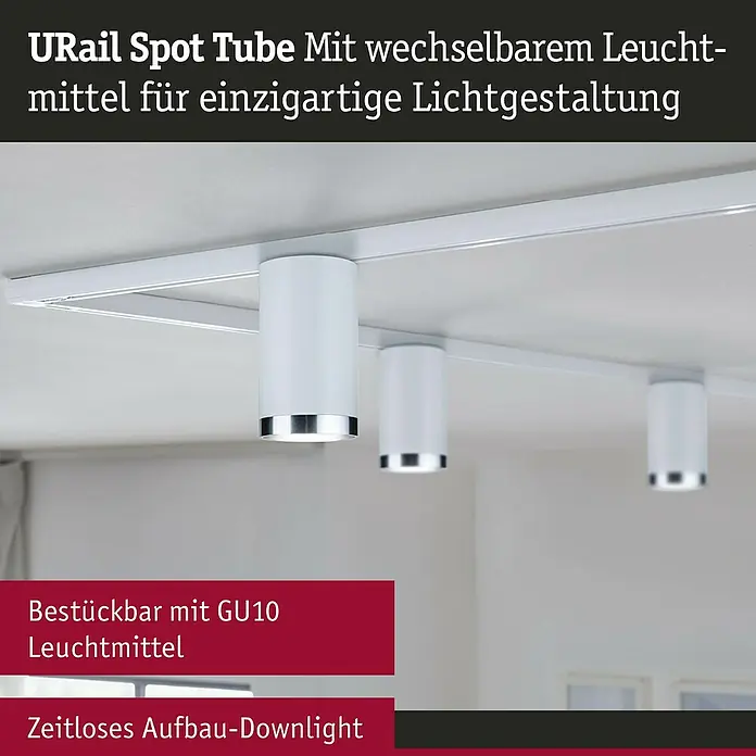 Paulmann URail LED-Spot Tube - Signalweiß, GU10, Ø x H: 6,5 x 12,8 cm - Das Bild zeigt drei URAIL Spot Tube Lampen, die eine moderne und flexible Beleuchtungslösung für Innenräume bieten.