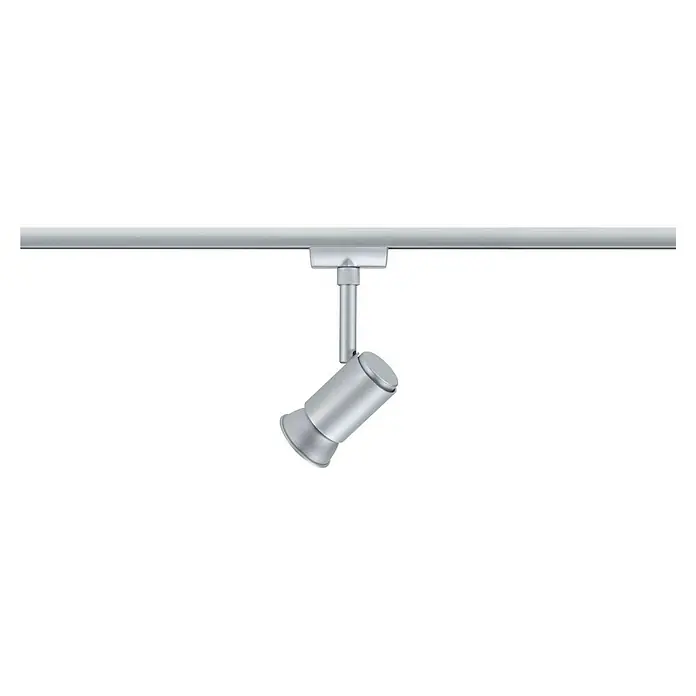 Paulmann URail LED-Spot Runa - 10 W, Chrom matt, 3,5 x 6 x 13,3 cm - Ein silberner Schienenstrahler ist an einer Metallschiene befestigt und leuchtet nach unten. Die Leuchte hat eine moderne Optik.