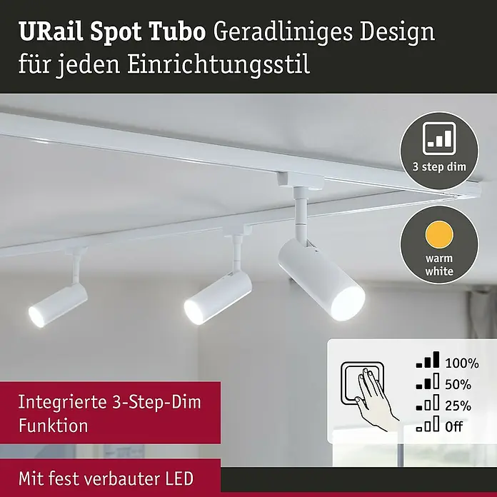 Paulmann URail LED-Spot Tubo - 5 W, Warmweiß, Signalweiß - URail Spot Tubo: Geradliniges Design für jeden Einrichtungsstil. Mit integrierter 3-Step-Dim Funktion und fest verbauter LED.