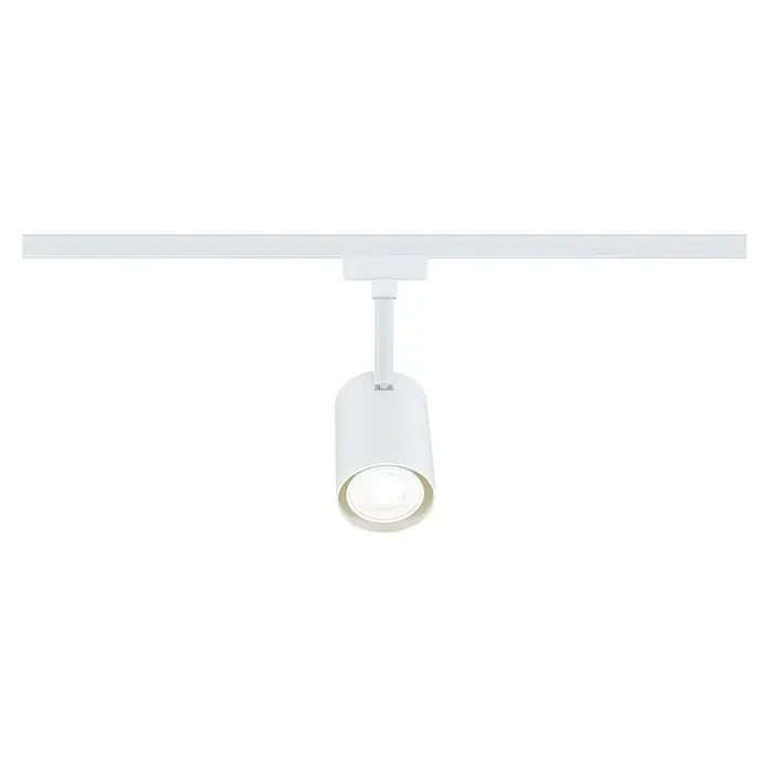 Paulmann URail LED-Spot Luxe - 10 W, Signalweiß, 6,5 x 9 x 16,3 cm - Ein weißer Strahler ist an einer weißen Schiene befestigt. Der Strahler selbst hat eine zylindrische Form und leuchtet hell.