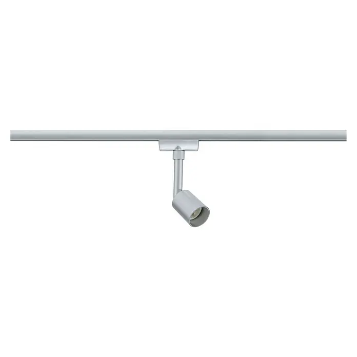 Paulmann URail LED-Spot Salt - 10 W, Chrom matt, 3,5 x 4,5 x 11,3 cm - Aufnahme eines silbernen Strahlers, der an einer Metallschiene befestigt ist und nach unten gerichtet ist.