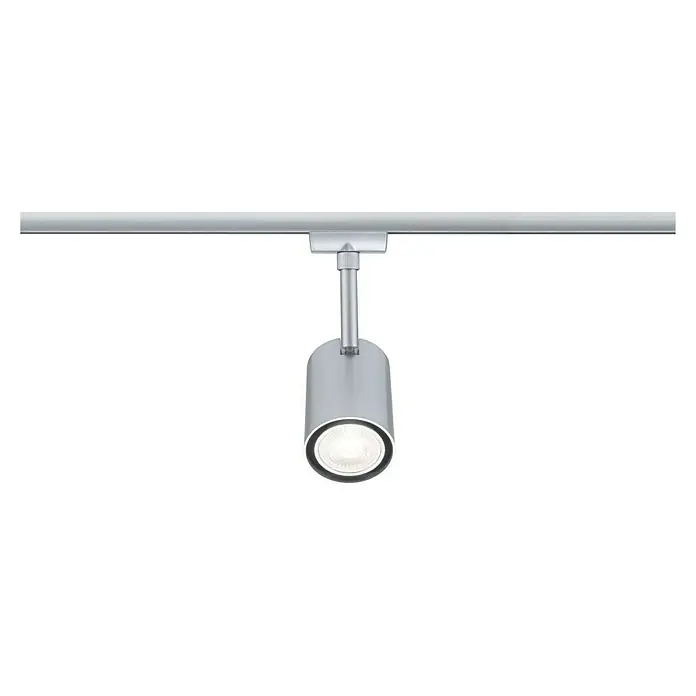 Paulmann URail LED-Spot Luxe - 10 W, Chrom matt, 6,5 x 9 x 16,3 cm - Eine Nahaufnahme einer silbernen LED-Schienenleuchte, die an einer Schiene befestigt ist und nach unten gerichtet ist.