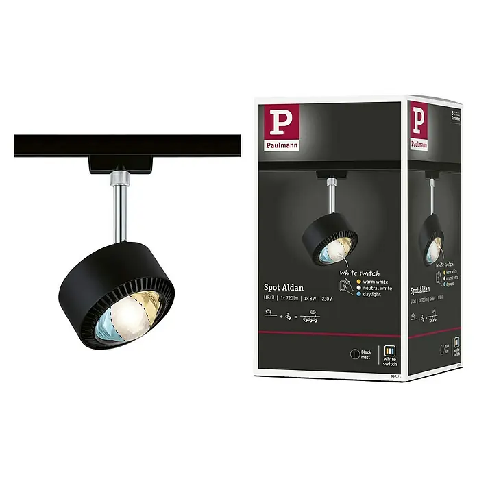Paulmann URail LED-Spot Aldan - Schwarz matt, Kaltweiß, Ø x H: 9,9 x 17,9 cm - Produktbild der Paulmann URail Spot Aldan Schienenleuchte in Mattschwarz, mit der Produktverpackung im Hintergrund, die Details hervorhebt.