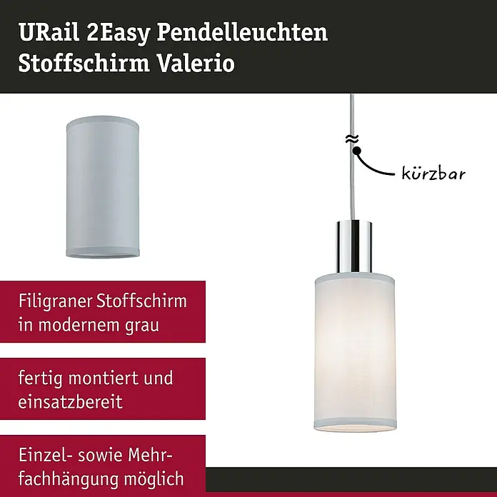 Paulmann URail Lampenschirm Valerio - E27, Grau, Ø x H: 10 x 18 cm - Das Bild zeigt eine URail 2Easy Pendelleuchte Stoffschirm Valerio, die sich durch ihr filigranes Design und modernes Grau auszeichnet.