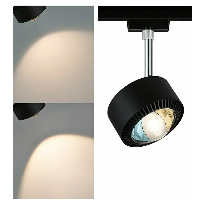 Paulmann URail LED-Spot Aldan - Schwarz matt, Kaltweiß, Ø x H: 9,9 x 17,9 cm - Produktbild einer schwarzen, zylindrischen Schienenleuchte mit silbernem Schaft und Beispiel für Warm- und Kaltlicht.