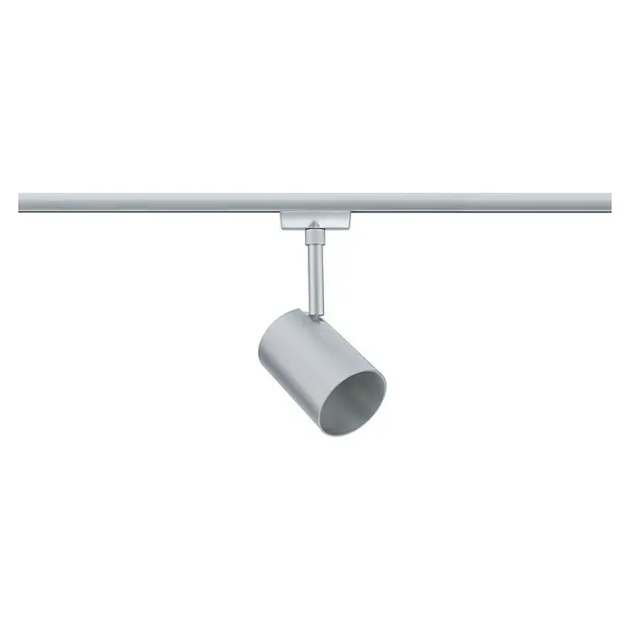 Paulmann URail LED-Spot Luxe - 10 W, Chrom matt, 6,5 x 9 x 16,3 cm - Diese Nahaufnahme zeigt eine einzelne, moderne, silberfarbene Schienenleuchte, die an einer Metallschiene befestigt ist, vor einem schwarzen Hintergrund.