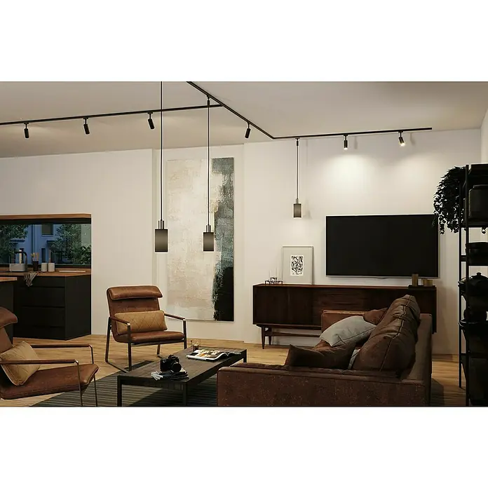Paulmann URail Lampenschirm Valerio - E27, Anthrazit, Ø x H: 10 x 18 cm - Wohnzimmer mit stilvoller Beleuchtung, inklusive schwarzer Schienenstrahler und Pendelleuchten, die ein modernes Ambiente schaffen.\n