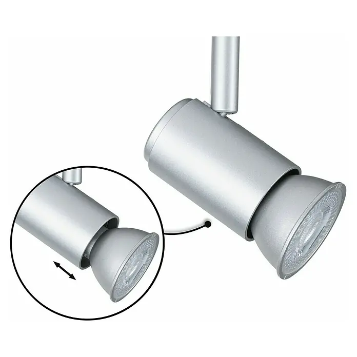 Paulmann URail LED-Spot Runa - 10 W, Chrom matt, 3,5 x 6 x 13,3 cm - Dieses Bild zeigt einen modernen, silberfarbenen LED-Spot. Der Strahler ist schwenkbar und ideal für eine flexible Beleuchtung.
