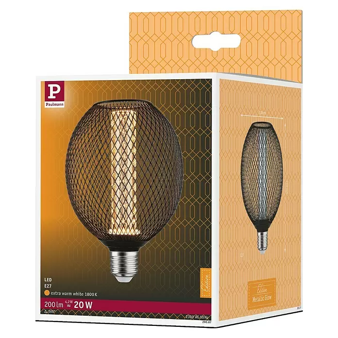 Paulmann LED-Lampe Metallic Glow Spiral - E27, Dimmbarkeit: Nicht Dimmbar, Warmweiß, 200 lm, 4,2 W, Schwarz - Paulmann LED-Glühbirne, schwarze Gitterkugel, leuchtender Faden, in gemusterter Verkaufsverpackung.