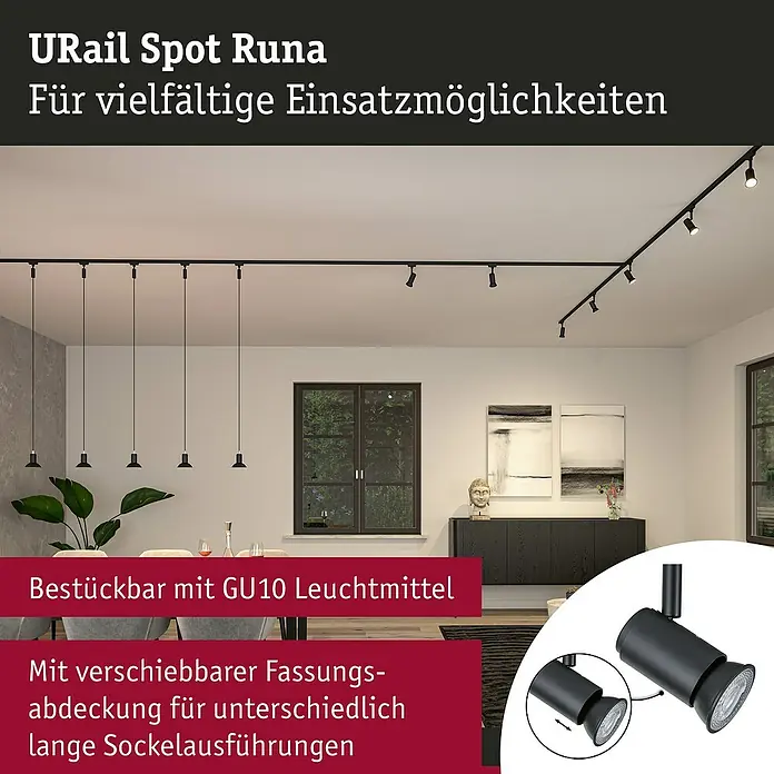 Paulmann URail LED-Spot Runa - 10 W, Schwarz matt, 3,5 x 6 x 13,3 cm - Produktbild einer URail Spot Runa Lampe, die vielfältige Einsatzmöglichkeiten bietet und mit GU10 Leuchtmitteln bestückbar ist.