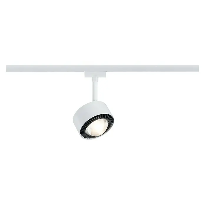 Paulmann URail LED-Spot Aldan - Signalweiß, Kaltweiß, Ø x H: 9,9 x 17,9 cm - Eine Nahaufnahme einer weißen Schienenleuchte mit schwarzem Blendschutz vor einem schwarzen Hintergrund.