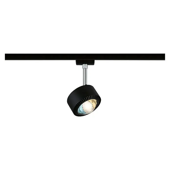 Paulmann URail LED-Spot Aldan - Schwarz matt, Kaltweiß, Ø x H: 9,9 x 17,9 cm - Nahaufnahme einer schwarzen Schienenleuchte mit silberfarbener Halterung, die von einer schwarzen Schiene an der Decke hängt.